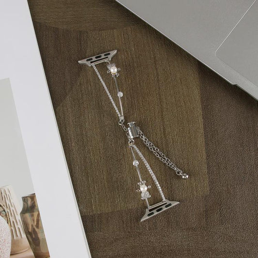 For Apple Watch 42mm / 41mm / 40mm / 38mm Copper-Inlaid Bear Zircon Bracelet Watch Band(Siver) - Watch Bands by buy2fix | Online Shopping UK | buy2fix