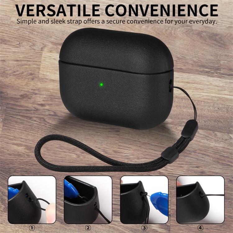For AirPods Pro 3 Simple Solid Color Soft Leather Texture TPU Earphone Protective Cover with Strap(Black) - For AirPods Pro 3 by buy2fix | Online Shopping UK | buy2fix
