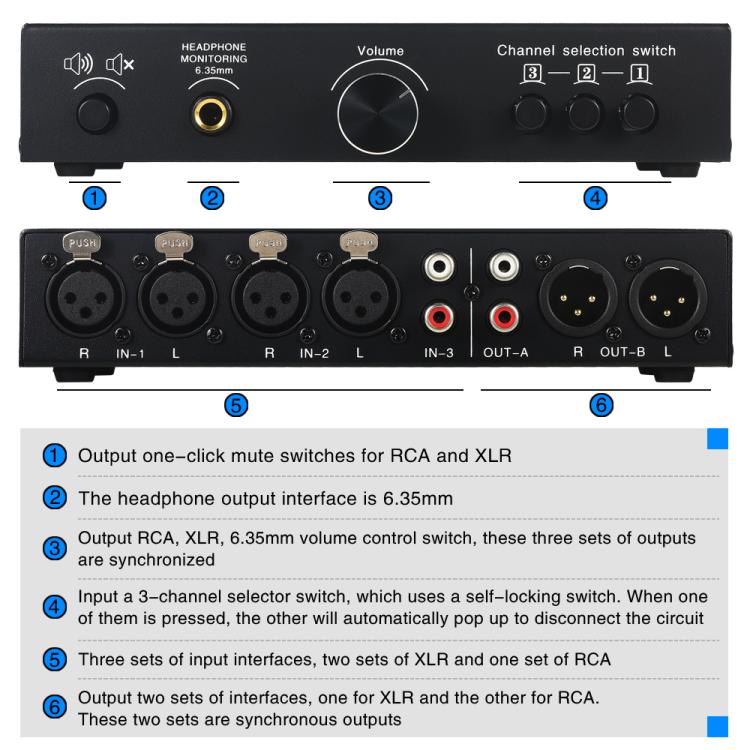B082 3 Input 3 Output Audio Signal Selector Balanced Line Switcher - by buy2fix | Online Shopping UK | buy2fix