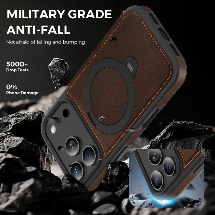 For iPhone 17 Pro Knight Shield 360 Rotation Holder MagSafe RFID Leather Phone Case(Coffee) - iPhone 17 Pro Cases by buy2fix | Online Shopping UK | buy2fix