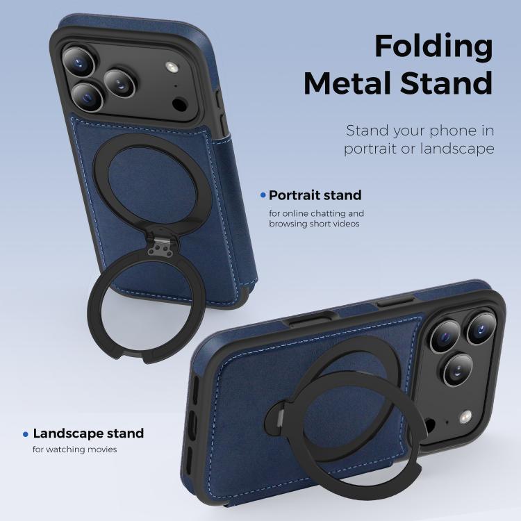 For iPhone 17 Pro Knight Shield 360 Rotation Holder MagSafe RFID Leather Phone Case(Blue) - iPhone 17 Pro Cases by buy2fix | Online Shopping UK | buy2fix