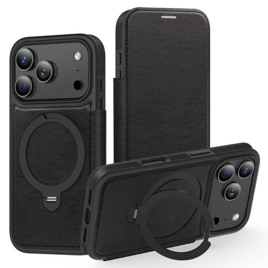 For iPhone 17 Pro Knight Shield 360 Rotation Holder MagSafe RFID Leather Phone Case(Black) - iPhone 17 Pro Cases by buy2fix | Online Shopping UK | buy2fix