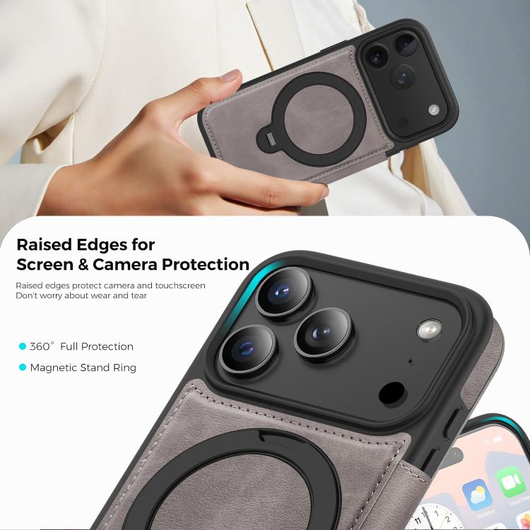 For iPhone 17 Pro Knight Shield 360 Rotation Holder MagSafe RFID Leather Phone Case(Grey) - iPhone 17 Pro Cases by buy2fix | Online Shopping UK | buy2fix
