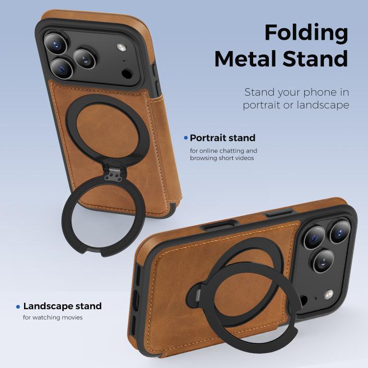 For iPhone 17 Pro Knight Shield 360 Rotation Holder MagSafe RFID Leather Phone Case(Brown) - iPhone 17 Pro Cases by buy2fix | Online Shopping UK | buy2fix