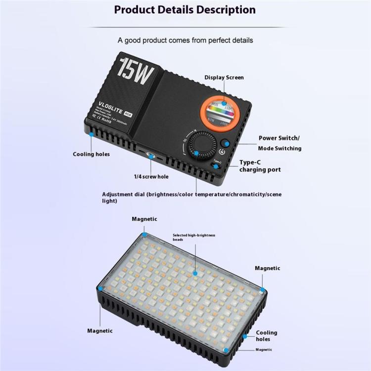 VLOGLITE K15RGB Photography Studio Camera Lamp 15W Full Color Fill Light RGB LED Video Light - by VLOGLITE | Online Shopping UK | buy2fix