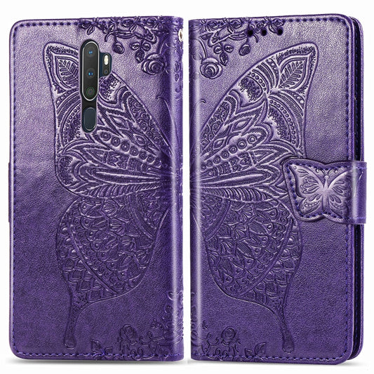 For OPPO A5 (2020) / A9 (2020) Butterfly Love Flower Embossed Horizontal Flip Leather Case with Bracket Lanyard Card Slot Wallet(Dark Purple) by buy2fix