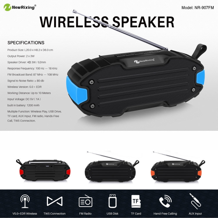 New Rixing NR907 Portable Stereo Surround Soundbar Bluetooth Speaker with Microphone, Support TF Card FM(Blue) - Desktop Speaker by NewRixing | Online Shopping UK | buy2fix