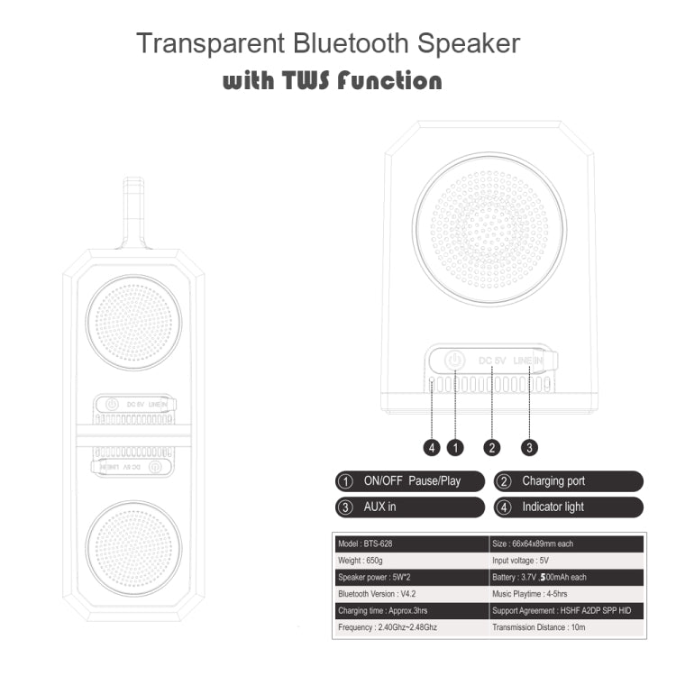 BT628 10W Portable TWS Transparent Bluetooth Speakers With Magnetic Connectable Base Outdoor Stereo Bass Subwoofer(Blue) - Desktop Speaker by buy2fix | Online Shopping UK | buy2fix