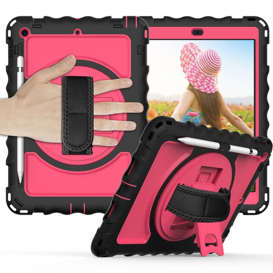 For iPad 10.2 360 Degree Rotating Case with Pencil Holder, Kickstand Shockproof Heavy Duty with Shoulder Strap,Hand Strap(Black+Hot Pink) - iPad 10.2 Cases by buy2fix | Online Shopping UK | buy2fix