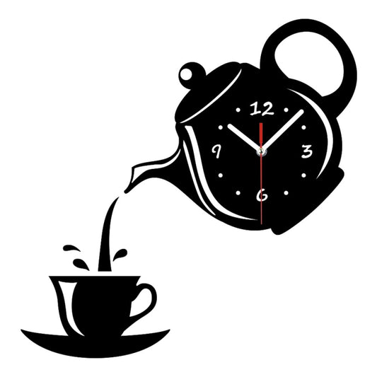 Creative DIY Acrylic Coffee Cup Teapot 3D Wall Clock Decorative Kitchen Wall Clocks Living Room Dining Room Home Decor Clock(Black) by buy2fix