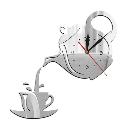 Creative DIY Acrylic Coffee Cup Teapot 3D Wall Clock Decorative Kitchen Wall Clocks Living Room Dining Room Home Decor Clock(Silver) by buy2fix