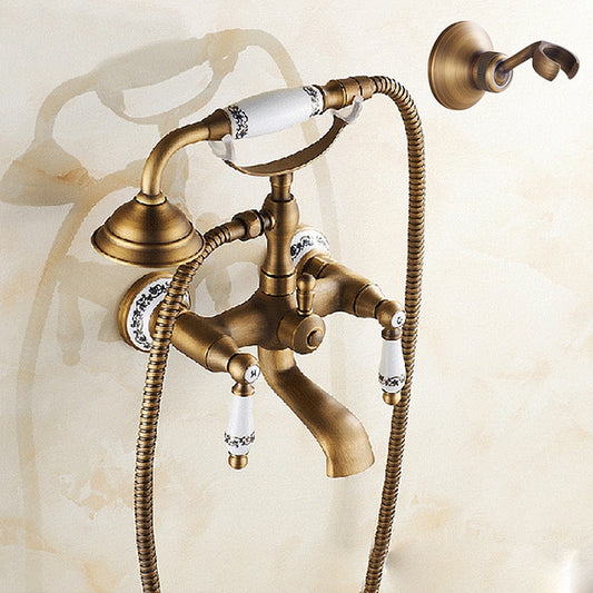 Antique Brass Wall Mounted Bathroom Tub Faucet Dual Ceramics Handles Telephone Style Hand Shower, Specification:Telephone Shower + Fixed Seat by buy2fix