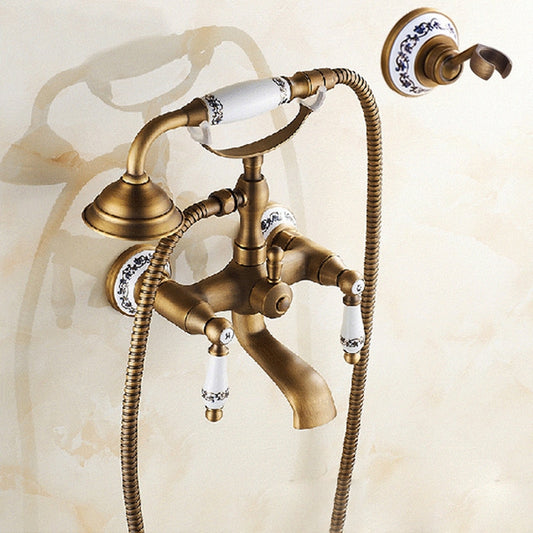 Antique Brass Wall Mounted Bathroom Tub Faucet Dual Ceramics Handles Telephone Style Hand Shower, Specification:Telephone Shower + Blue and White Fixed Seat by buy2fix