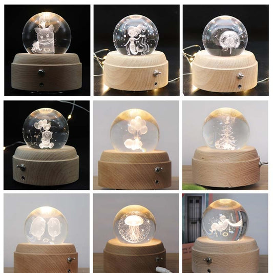 Girl Bedside Lamp Crystal Ball Wooden Base Music Box Charging Glow Rotating Night Light, Random Music(Cat) by buy2fix