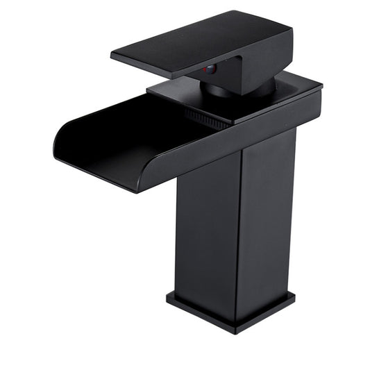 LED Three Lights Hot Cold Water Faucet Bathroom Waterfall Faucet CN Plug(Black) by buy2fix