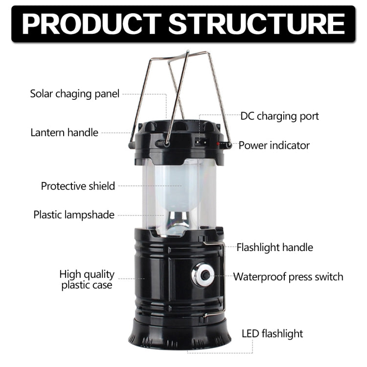 LED Tent Light Solar Rechargeable Camping Light Stretchable Multifunctional Lantern, Support USB Output (Black) - Camping Lighting by buy2fix | Online Shopping UK | buy2fix