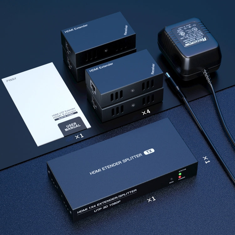 60m 1x4 HDMI Splitter POC Distribution Extender Supports 1080P@60Hz, Plug: AU Plug by PWAY