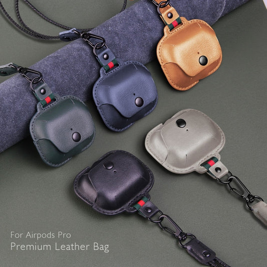 Earphone Cowhide Leather Sleeve Storage Box Protective Case with Lanyard For AirPods Pro(Green) by buy2fix