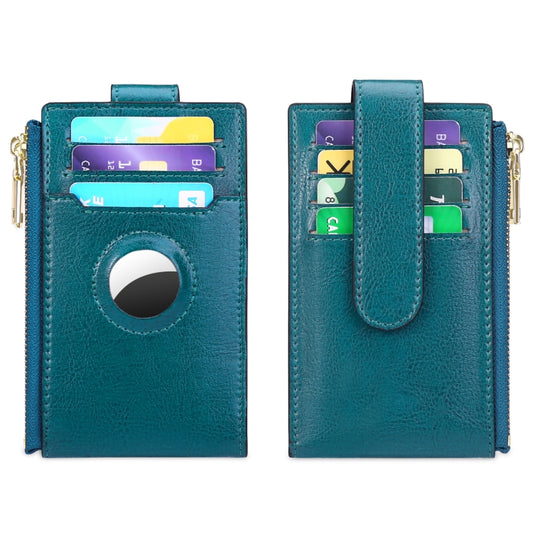 Two Layer Oil Waxed Leather Zip RFID Coin Purse Tracker Card Holder For AirTag(Peacock Blue) - Wallet Series by buy2fix | Online Shopping UK | buy2fix