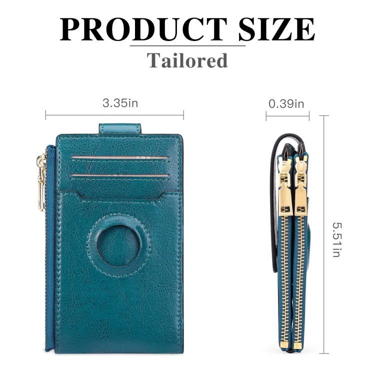 Two Layer Oil Waxed Leather Zip RFID Coin Purse Tracker Card Holder For AirTag(Peacock Blue) - Wallet Series by buy2fix | Online Shopping UK | buy2fix
