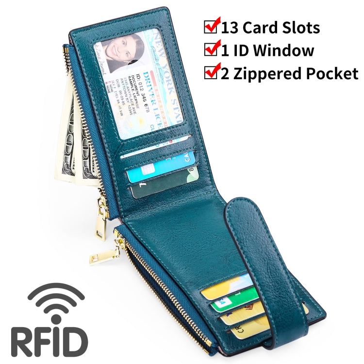 Two Layer Oil Waxed Leather Zip RFID Coin Purse Tracker Card Holder For AirTag(Peacock Blue) - Wallet Series by buy2fix | Online Shopping UK | buy2fix