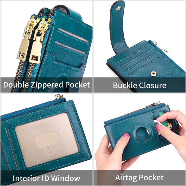 Two Layer Oil Waxed Leather Zip RFID Coin Purse Tracker Card Holder For AirTag(Peacock Blue) - Wallet Series by buy2fix | Online Shopping UK | buy2fix
