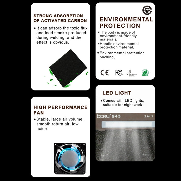 Baku BA-943 Soldering Fume Purifier with LED Light 30W Soldering Iron Welding Fume Exhauster(US Plug 110V) - Others by BAKU | Online Shopping UK | buy2fix