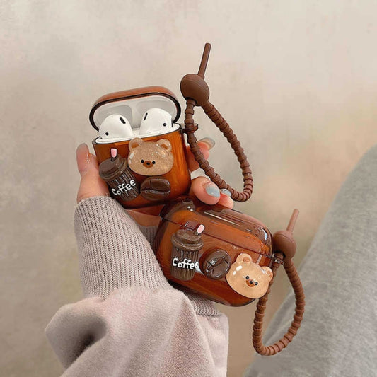 For AirPods Pro Cartoon 3D Coffee Bear Headphones Case Protective Shell Cover by buy2fix