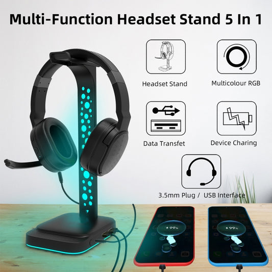 3.5mm Audio RGB Illuminated Headset Holder Dual USB Gaming Headset Display Rack(With Headphone Jack Black) by buy2fix