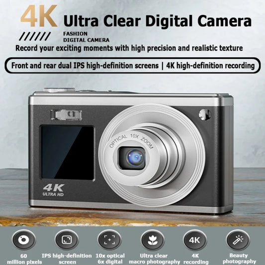 4K HD Optical Zoom Digital Camera 60MP Dual Screen Selfie Camera, No Memory(Silver) by buy2fix
