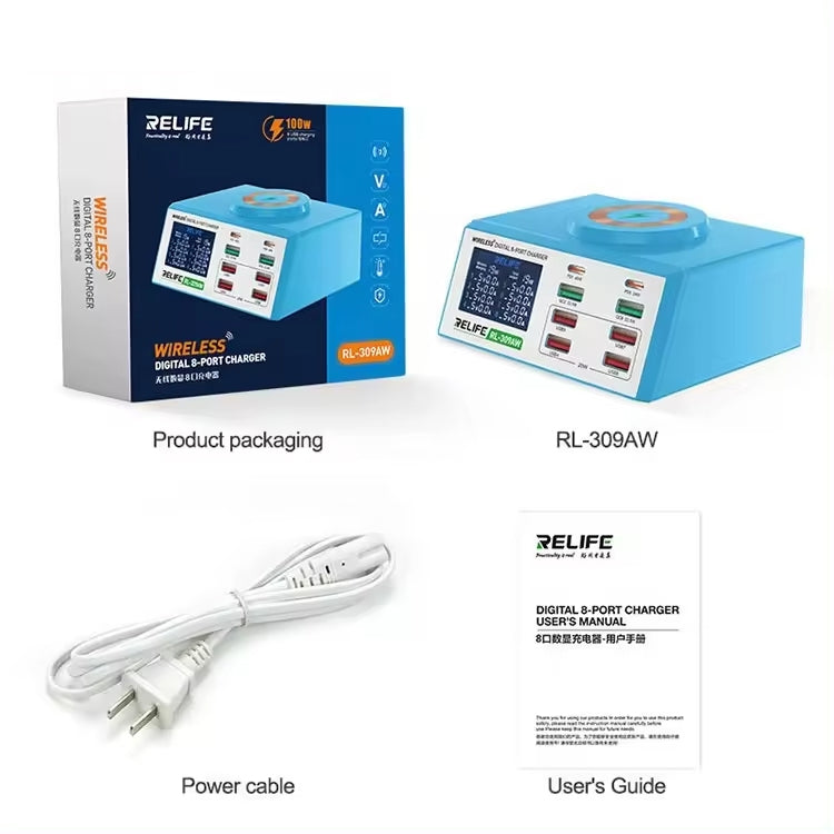 RELIFE RL-309AW QC3.0 PD Fast Wireless Charger With LCD Display 8 Ports(US Plug) by RELIFE