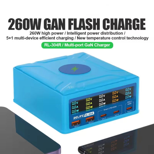 RELIFE RL-304R 5-Port 260W GaN Smart USB Fast Charger With 15W Wireless Chargind LCD Display(EU Plug) by RELIFE
