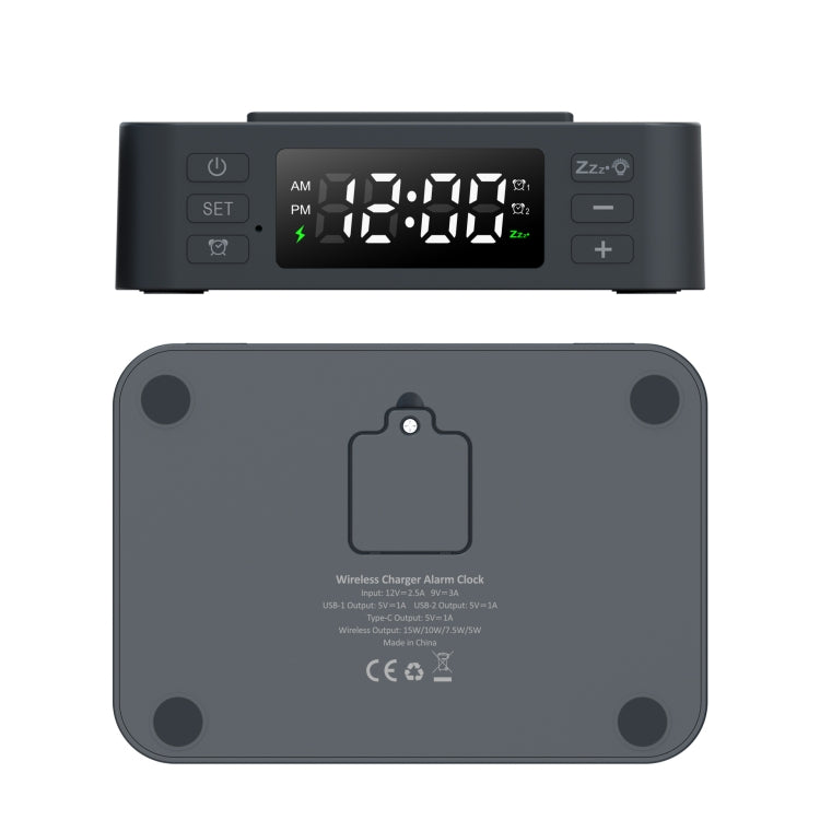 Wireless Charger Alarm Clock Foldable Mobile Stand With Pen Holder & Dual USB +1 Type-C Output(Black) by buy2fix