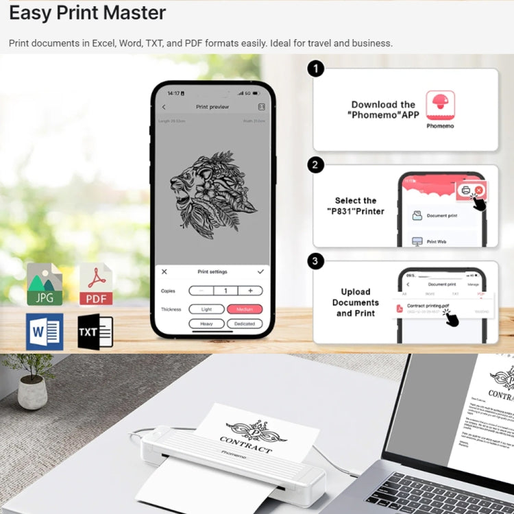 Phomemo P831 Bluetooth Portable Thermal Transfer Printer Support A4 / Letter / A5 / B5 Plain Paper Printing(Black) by Phomemo
