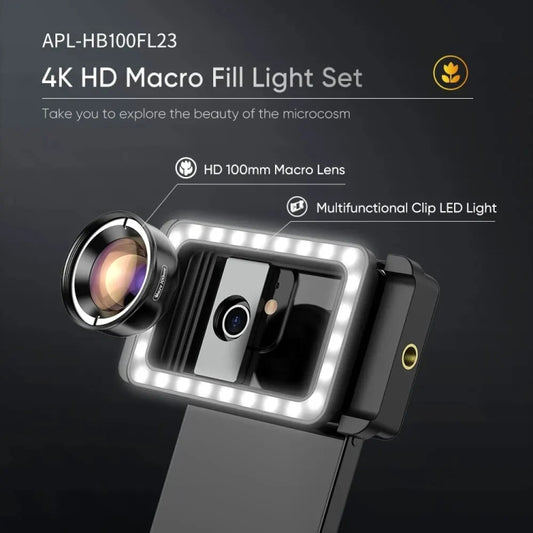 APEXEL 4K HD 100mm Macro Lens With LED Fill Light Set for Smartphones - Macro & Wide-angle by APEXEL | Online Shopping UK | buy2fix