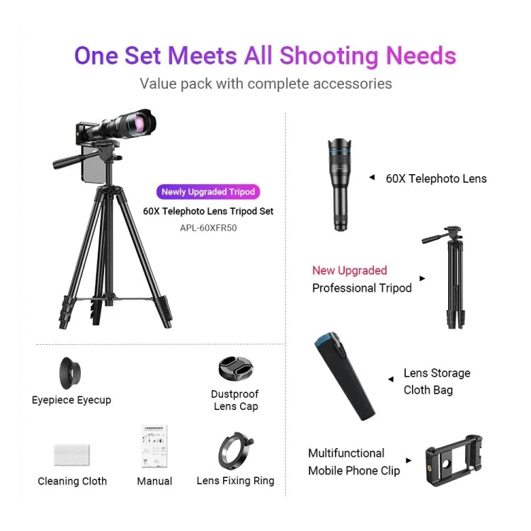 APEXEL 60X Smartphone Telescope Lens With Extendable Tripod Set - Telescope & Microscope by APEXEL | Online Shopping UK | buy2fix