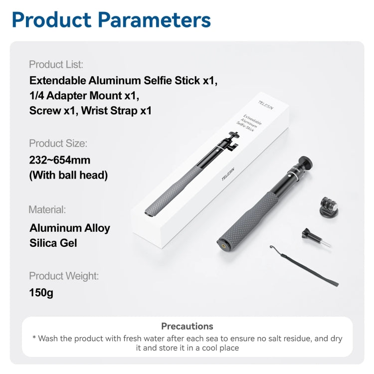 TELESIN WSS-001 65.4cm Aluminum Alloy Waterproof Ball Head Selfie Stick Diving Shooting Sports Camera Extension Stick by TELESIN