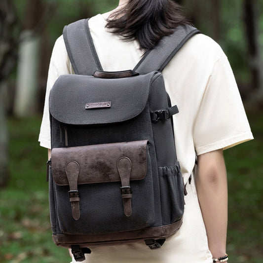 Cwatcun D128 Vintage Shoulder Backpack Split Compartment Large Capacity Splashproof Photography Bag, Color: Medium Black by Cwatcun