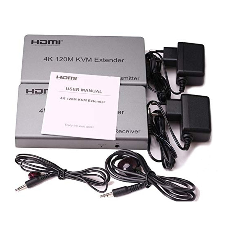 KVM 120m 4K HD Extender Computer Mouse Keyboard HDMI Single Ethernet Cable Transmitter + Receiver EU Plug(Gray) by buy2fix