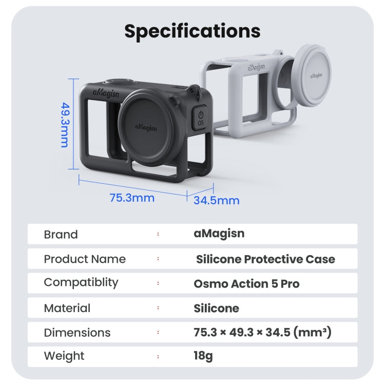 For DJI Osmo Action 5 Pro aMagisn Silicone Protective Case with Lanyard and Lens Cap(Light Gray) by aMagisn