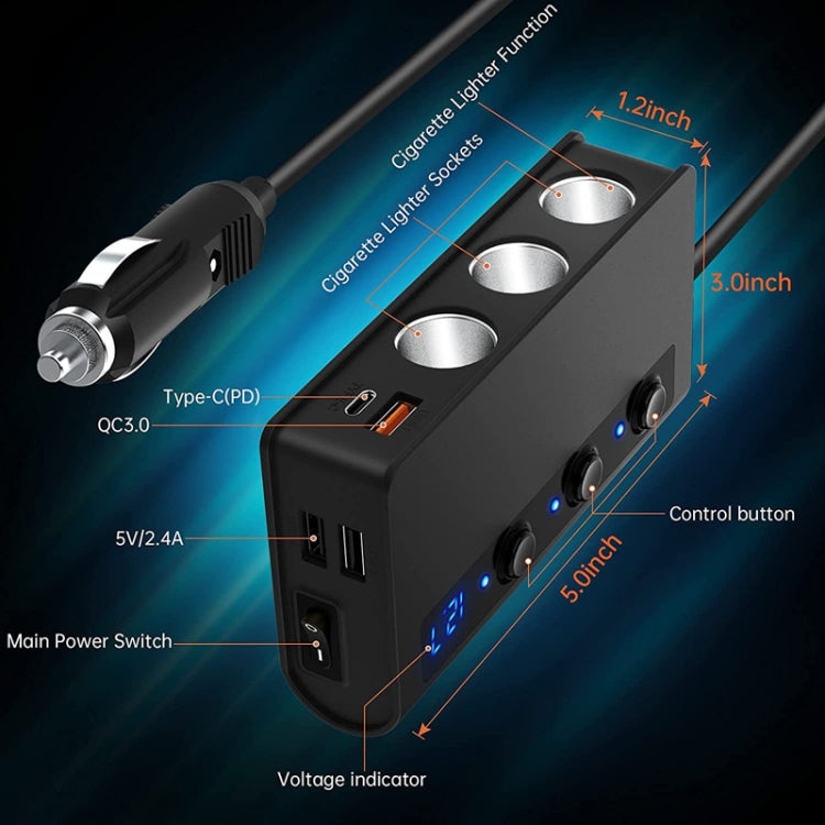 TR24 Car Cigarette Lighter One To Three With Switch 180W High Power Fast Charger(Black PD Version) by buy2fix