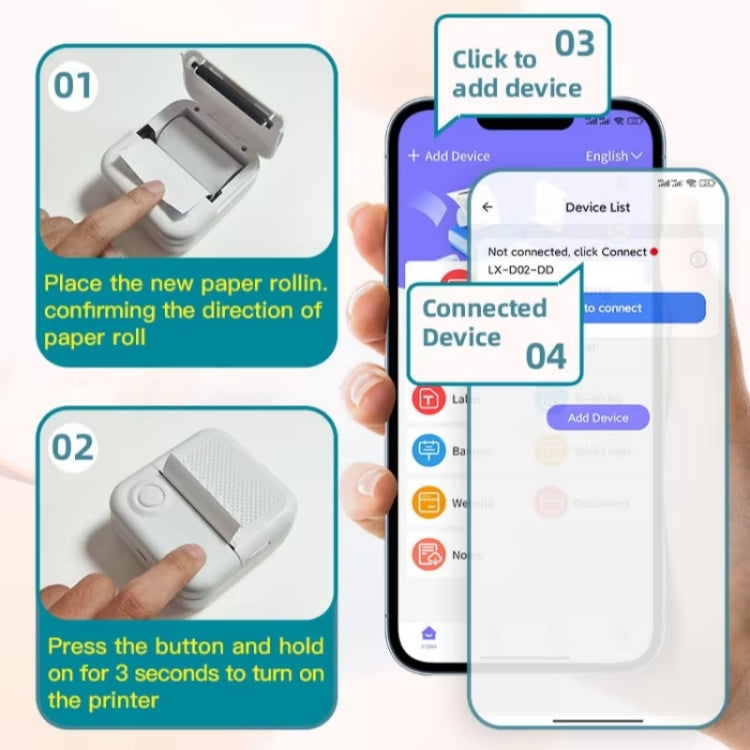 200DPI Mini Label Printer Thermal Inkless Black And White Printer With 1 Roll Printing Paper(Pink) - Receipt Printers by buy2fix | Online Shopping UK | buy2fix