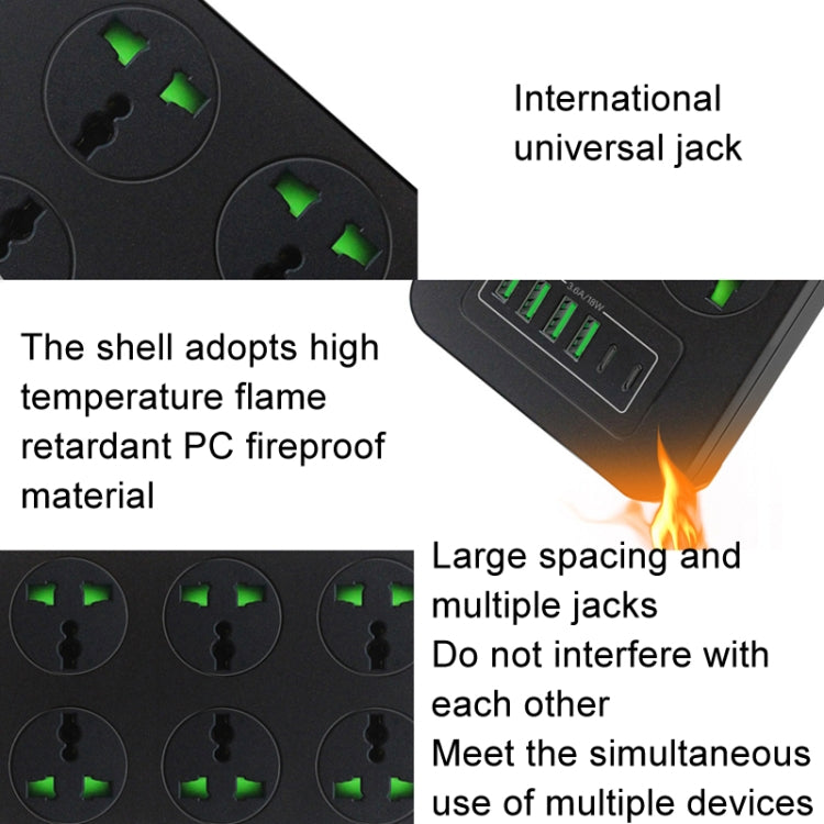 Thunderproof Overload Protection 4USB+2PD+6 Holes Socket, Color: Black UK Plug - Extension Socket by buy2fix | Online Shopping UK | buy2fix