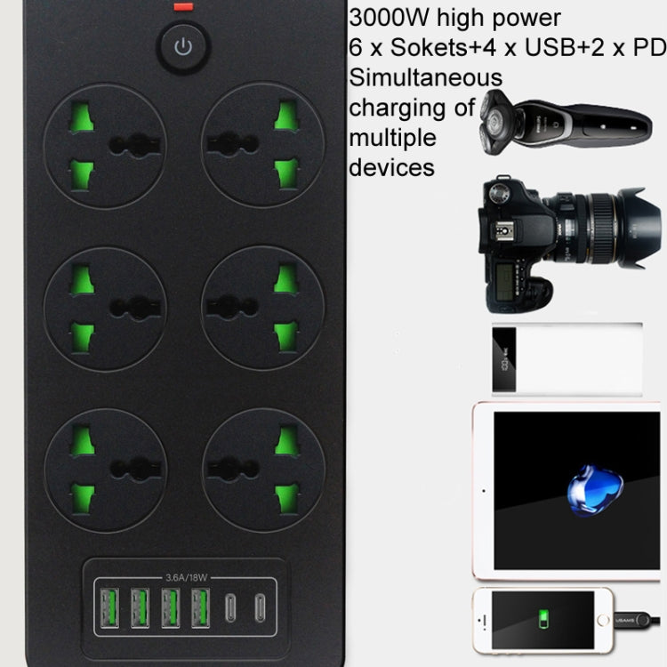 Thunderproof Overload Protection 4USB+2PD+6 Holes Socket, Color: Black UK Plug - Extension Socket by buy2fix | Online Shopping UK | buy2fix