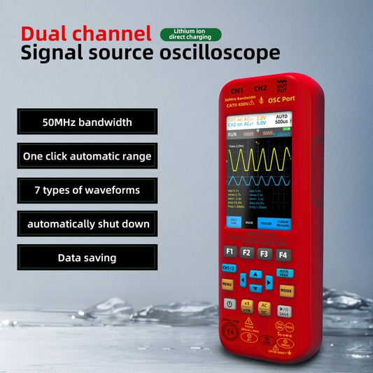 BSIDE O9 Digital Handheld Dual Channel 50MHz Oscilloscope Signal Source Multimeter, Spec: With Single Oscilloscope Probe (Red) by BSIDE