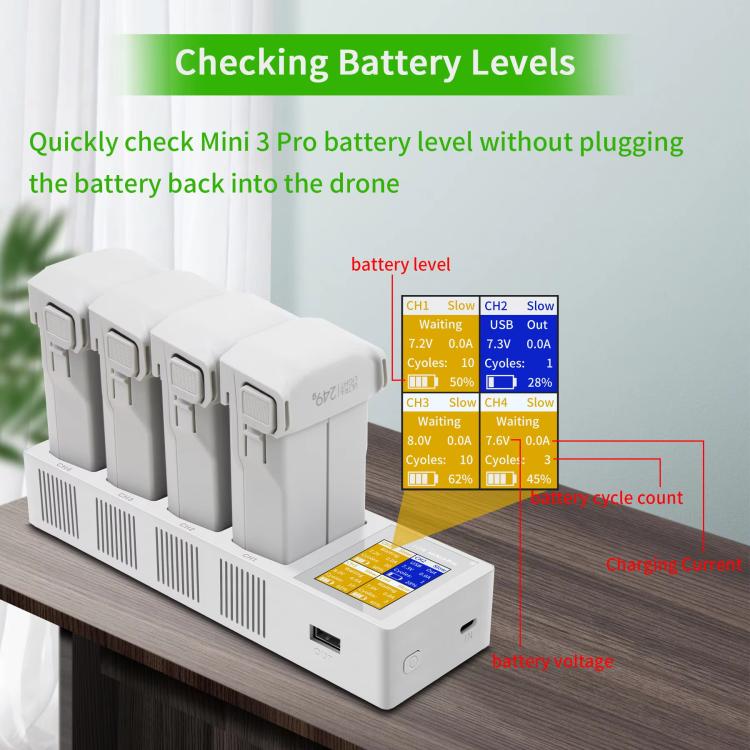 For DJI Mini 4 Pro / Mini 3 Pro / Mini 3 YX Four-Way Color Screen Charger Battery Manager(Light Gray) - Other by YX | Online Shopping UK | buy2fix