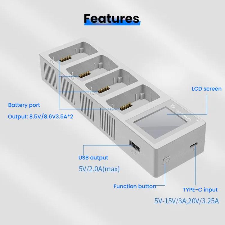 For DJI Mini 4 Pro / Mini 3 Pro / Mini 3 YX Four-Way Color Screen Charger Battery Manager(Light Gray) - Other by YX | Online Shopping UK | buy2fix