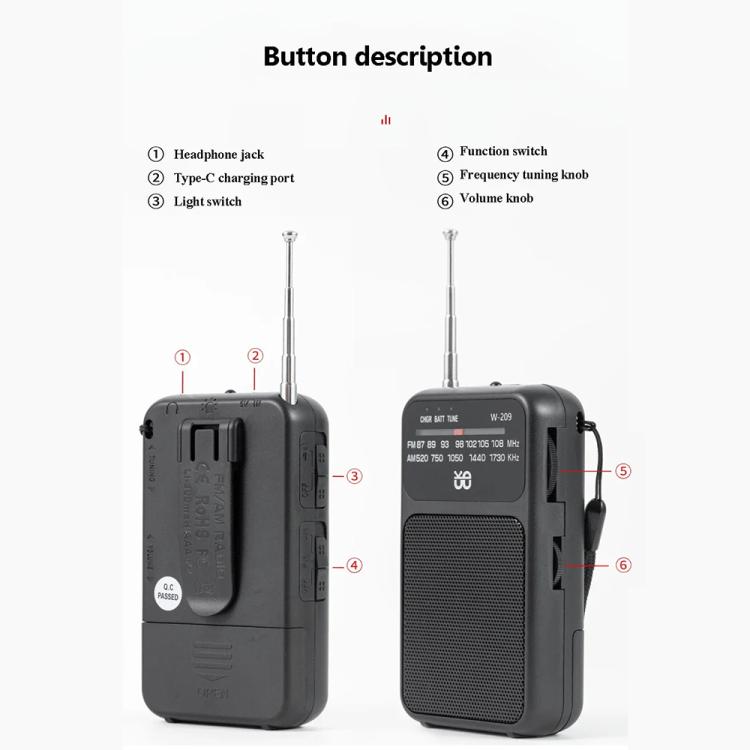 W-209 Mini Portable Rechargeable / Battery Dual-mode Powered Pointer FM Radio with Flashlight(White) - Radio Player by buy2fix | Online Shopping UK | buy2fix
