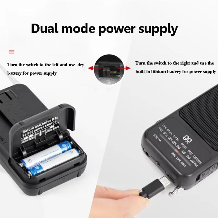W-209 Mini Portable Rechargeable / Battery Dual-mode Powered Pointer FM Radio with Flashlight(Black) - Radio Player by buy2fix | Online Shopping UK | buy2fix