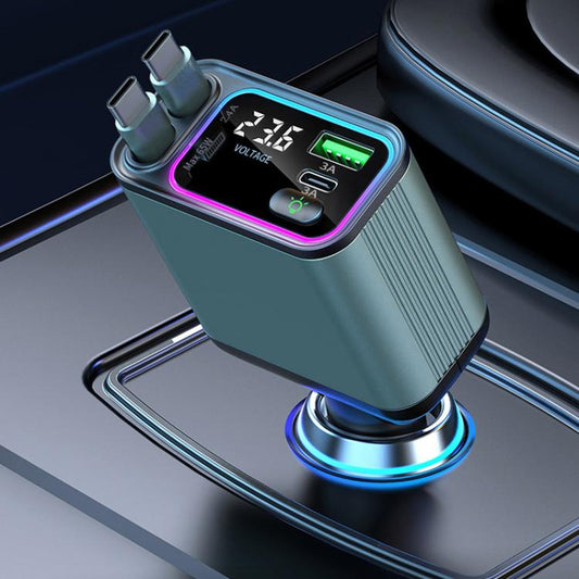 Dual Retractable Cable Auto Stowage Running Ambient Light Voltage Display Car Charger, Port: Type-C+8 Pin - Car Charger by buy2fix | Online Shopping UK | buy2fix